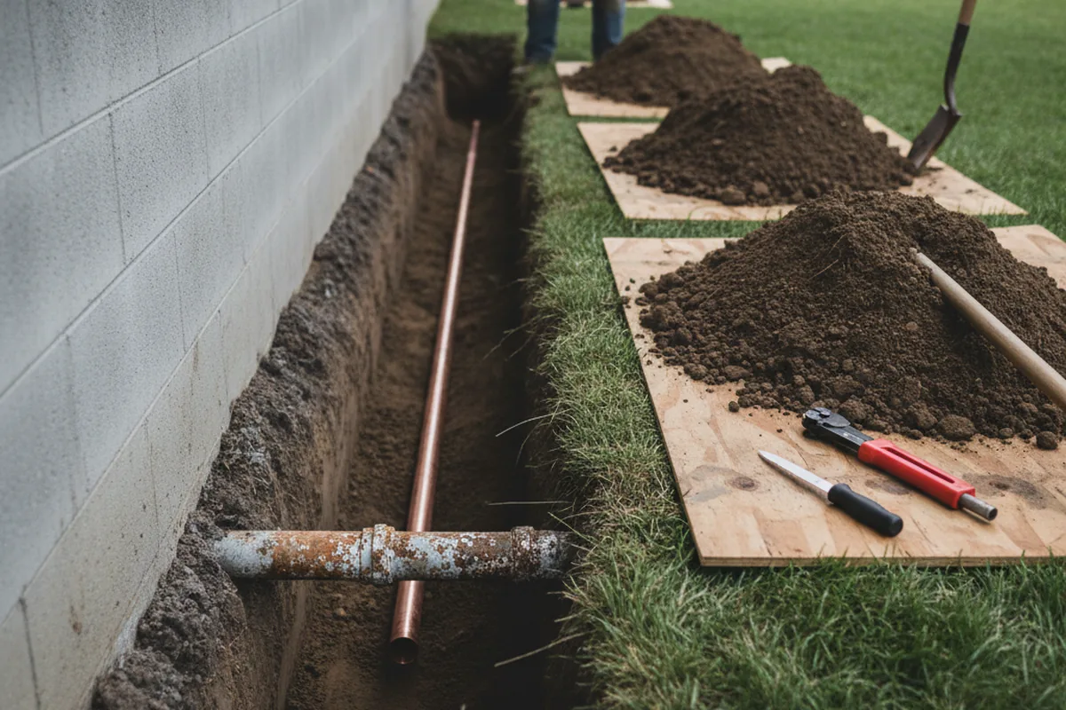 Excavated water line trench during Water Softener Installation in Borrego Springs